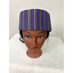 African Print Kufi Hat Purple Black Gold Stripes 100% Cotton